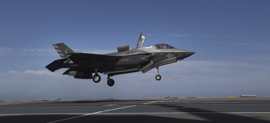 A pilot maneuvers an F-35 jet as military personnel participate in the NATO Steadfast Defender 2021 exercise on the aircraft carrier HMS Queen Elizabeth off the coast of Portugal, Thursday, May 27, 2021. 