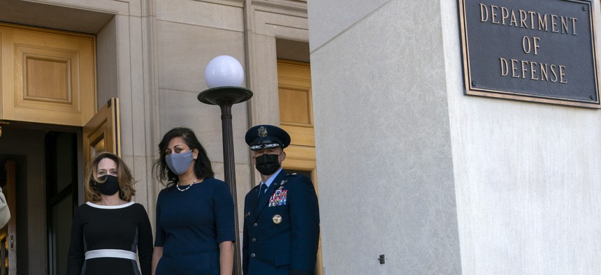 Deputy Secretary of Defense Dr. Kathleen H. Hicks, left, arrives at the Pentagon, Tuesday, Feb. 9, 2021, in Washington.
