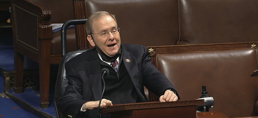 In this image from video, Rep. James Langevin, D-R.I., speaks on the floor of the House of Representatives at the U.S. Capitol in Washington, Thursday, April 23, 2020