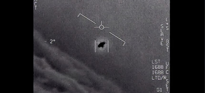 The image from video provided by the Department of Defense labelled Gimbal, from 2015, an unexplained object is seen at center as it is tracked as it soars high along the clouds, traveling against the wind. “There's a whole fleet of them,” one naval aviator tells another, though only one indistinct object is shown. “It's rotating." The U.S. government has been taking a hard look at unidentified flying objects, under orders from Congress, and a report summarizing what officials know is expected to come out in June 2021