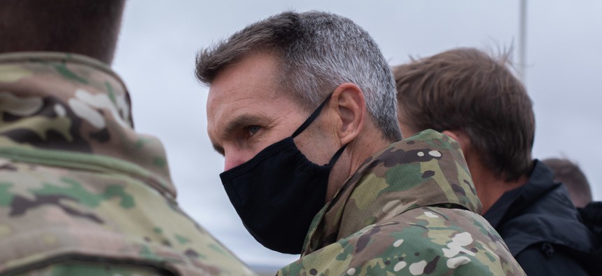 U.S. Army Gen. Richard D. Clarke, U.S. Special Operations Command commanding general, surveys an urban combat training complex at Melrose Air Force Range, N.M., September 9, 2020.