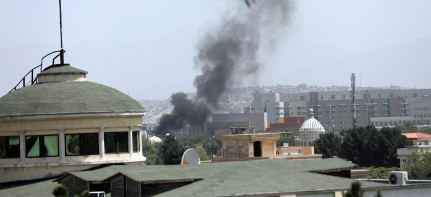 Smoke rises next to the U.S. Embassy in Kabul, Afghanistan Aug. 15.