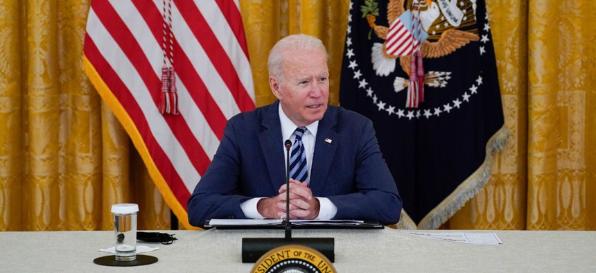 President Joe Biden speaks during a meeting about cybersecurity, in the East Room of the White House Aug. 25