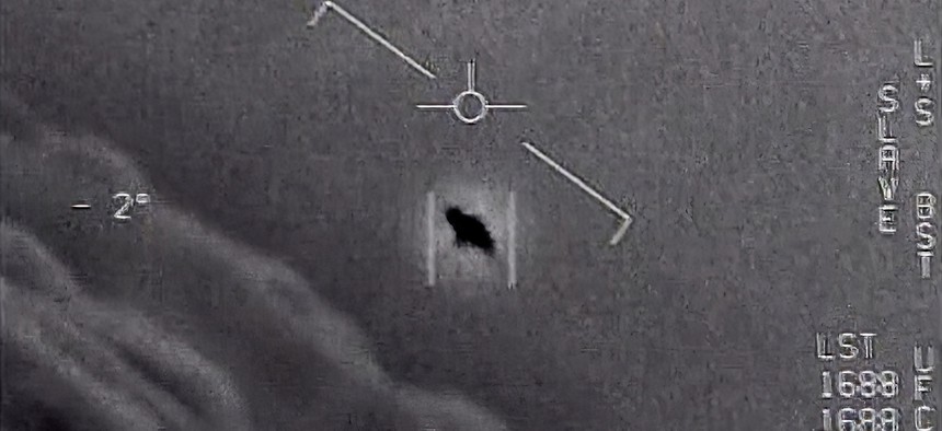 The image from video provided by the Department of Defense labelled Gimbal, from 2015, an unexplained object is seen at center as it is tracked as it soars high along the clouds, traveling against the wind. “There's a whole fleet of them,” one naval aviator tells another, though only one indistinct object is shown. “It's rotating." The U.S. government has been taking a hard look at unidentified flying objects, under orders from Congress, and a report summarizing what officials know is expected to come out in June 2021. 