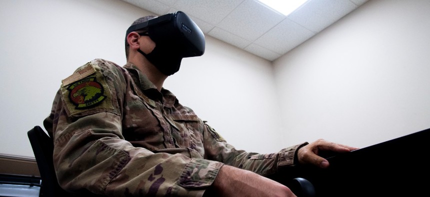 An Airman from the 6th Air Refueling Wing participates in a Virtual Reality suicide prevention training at MacDill Air Force Base, Florida, on Sept. 29.