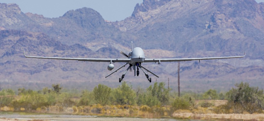 An Extended Range / Multipurpose (ER/MP) Unmanned Aircraft System (UAS), returns from functional testing during Project Convergence 20, at Yuma Proving Ground, Arizona, September 15, 2020. 