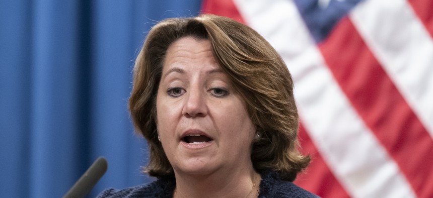 Deputy Attorney General Lisa Monaco speaks with reporters during a news conference at the Department of Justice, Thursday, Sept. 30, 2021, in Washington