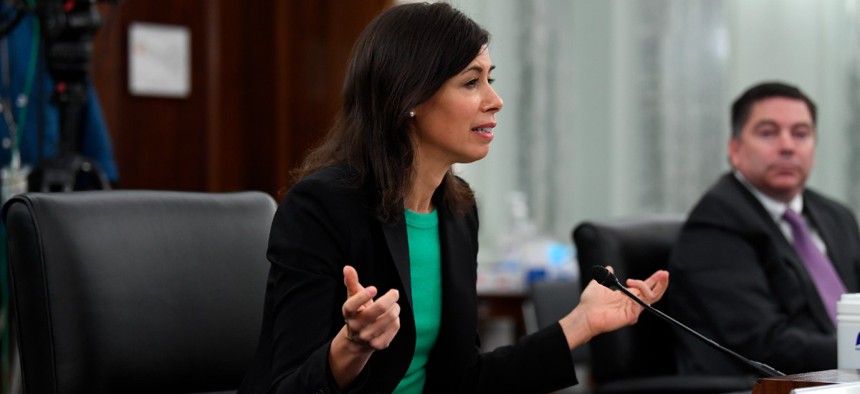 Jessica Rosenworcel testifies before a Senate Commerce, Science, and Transportation committee hearing to examine the Federal Communications Commission June 24.