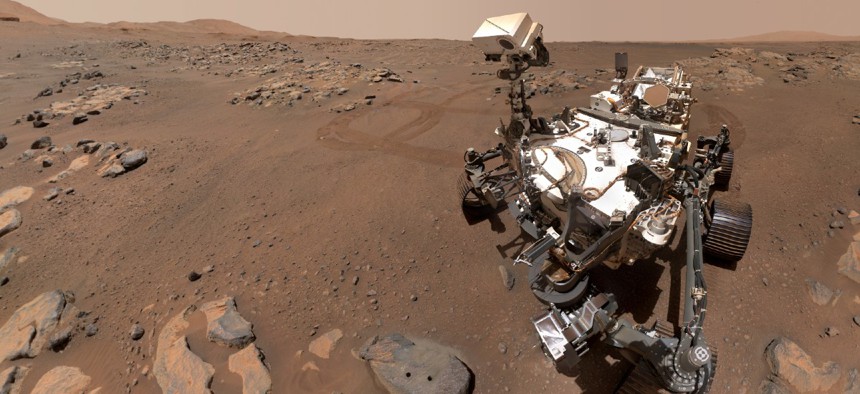 NASA’s Perseverance Mars rover took this selfie over a rock nicknamed “Rochette,” on September 10.
