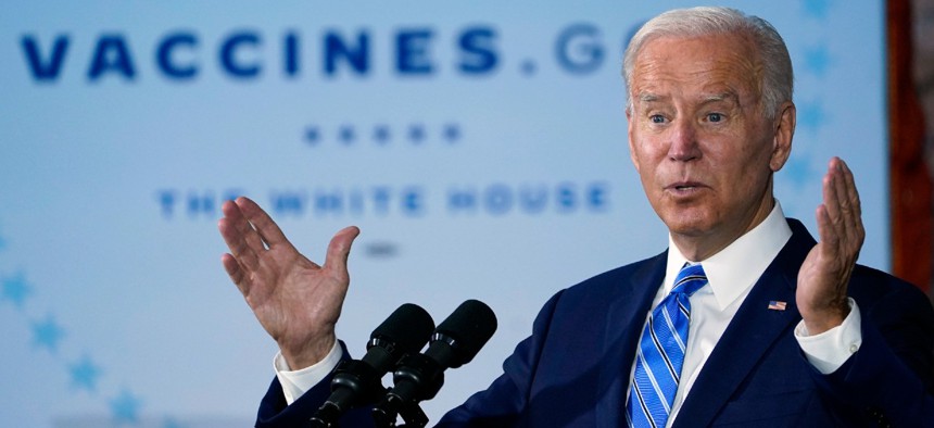 President Biden speaks about COVID-19 vaccinations after touring a Clayco Corporation construction site for a Microsoft data center in Elk Grove Village, Ill., on Oct. 7.