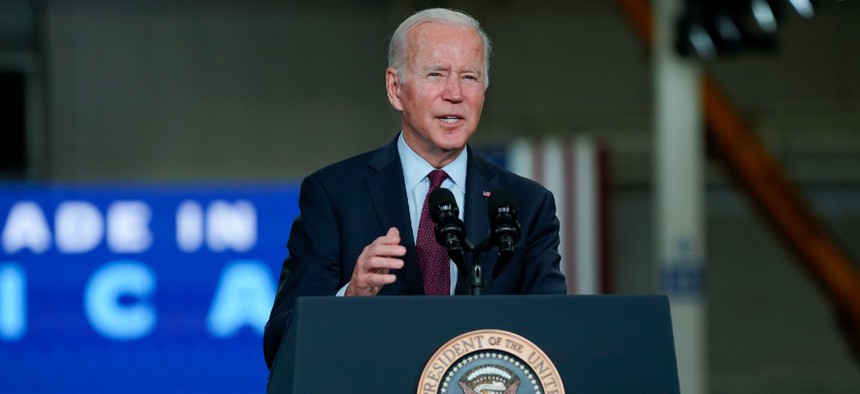 President Joe Biden speaks during a visit to the General Motors Factory ZERO electric vehicle assembly plant Nov. 17.
