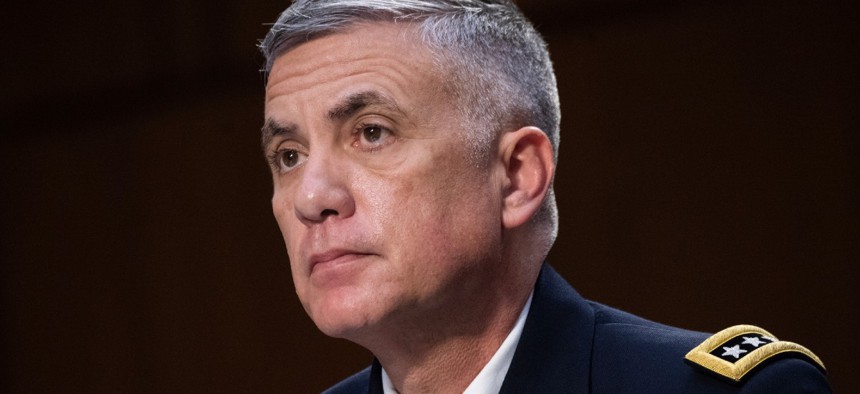 Gen. Paul Nakasone testifies during a Senate Select Committee on Intelligence hearing about worldwide threats in April.