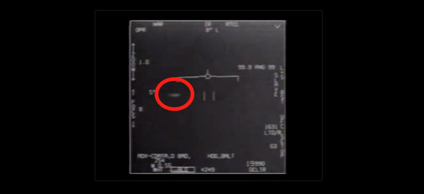 Cockpit video released in April 2020 shows an aerial object (highlighted in red) maneuvering in inexplicable ways.