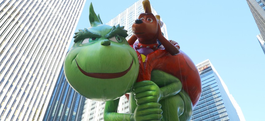 The Grinch appears at the Macy's Thanksgiving Day Parade in New York.