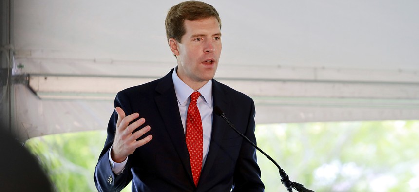 U.S. Representative Conor Lamb (D-PA) discusses the Freight 2030 vision to decarbonize freight rail and improve rail safety. Friday, Sept. 10, 2021 in Pittsburgh. Lamb is one of numerous reps pushing to strengthen the U.S. semiconductor industry. 