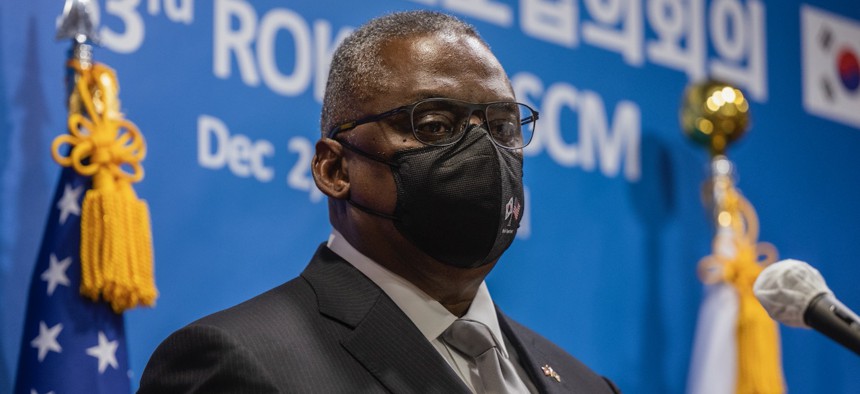 Defense Secretary Lloyd Austin answers questions during a press conference in South Koreaafter the 53rd U.S.-Republic of Korea Security Consultative Meeting on Dec. 2,