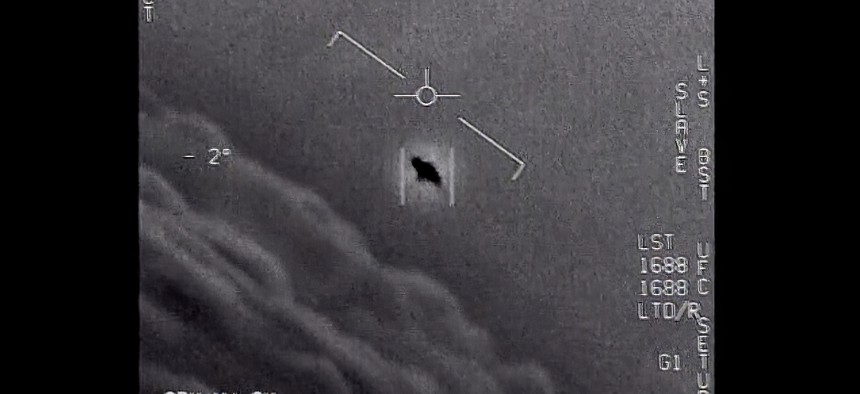 The image from video provided by the Department of Defense labelled Gimbal, from 2015, an unexplained object is seen at center as it is tracked as it soars high along the clouds, traveling against the wind. “There's a whole fleet of them,” one naval aviator tells another, though only one indistinct object is shown. “It's rotating." The U.S. government has been taking a hard look at unidentified flying objects, under orders from Congress, and a report summarizing what officials know is expected to come out in June 2021.