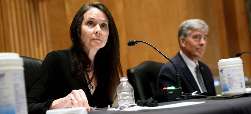 Jen Easterly (L), then-nominee to be the Director of the Homeland Security Cybersecurity and Infrastructure Security Agency, and Chris Inglis, then-nominee to be the National Cyber Director, testify during their confirmation hearing before the Senate Homeland Security and Governmental Affairs Committee on June 10, 2021 in Washington, D.C.