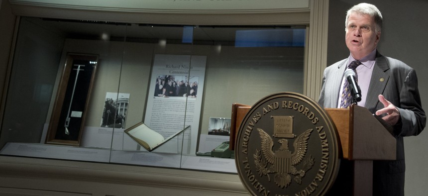 Archivist of the United States David Ferriero speaks at a Jan. 2013 event on space exploration and the Nixon presidency.