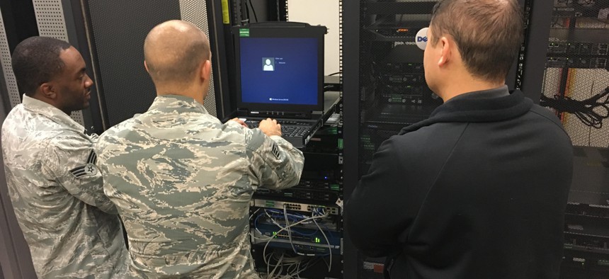 Maintenance on an Air Force gateway server Nov. 2, 2017, at Maxwell Air Force Base-Gunter Annex, Alabama