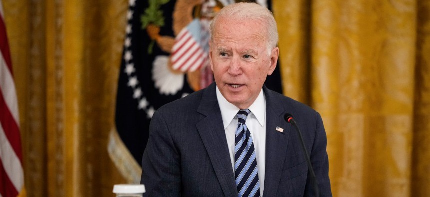 President Joe Biden speaks during a meeting about cybersecurity in the East Room of the White House on August 25, 2021.