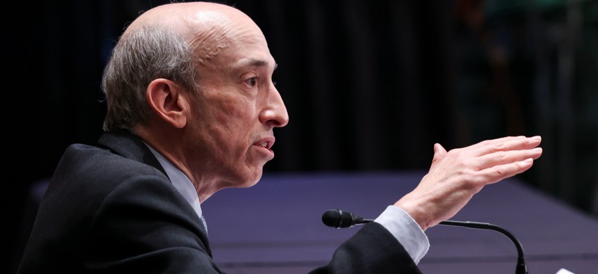 SEC Chairman Gary Gensler testifies before a Senate committee in September 2021.