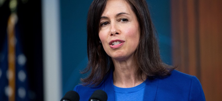 FCC Chairwoman Jessica Rosenworcel speaks at a Biden administration event in the Eisenhower Executive Office Building on Feb. 14, 2022.