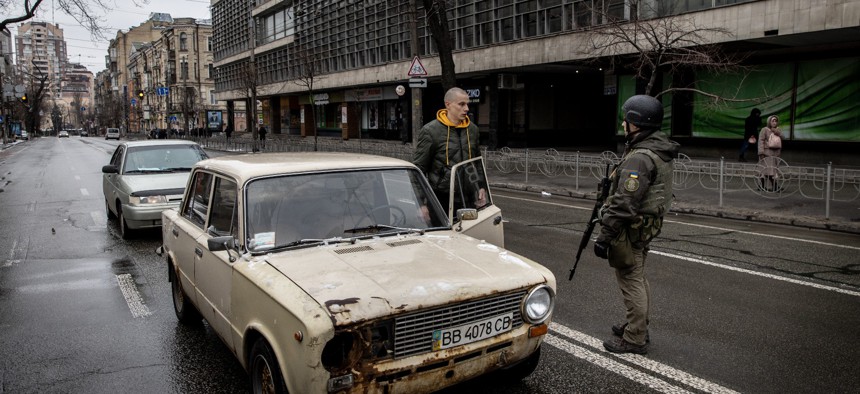 A vehicle checkpoint in the city center on March 01, 2022 in Kyiv, Ukraine.