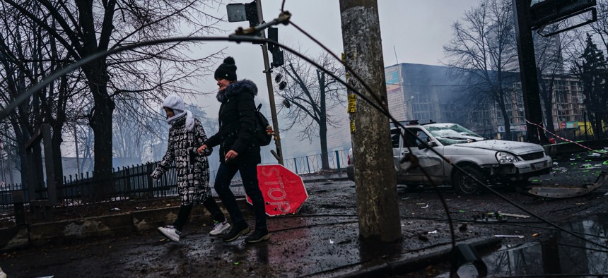 Damage caused by a Russian missile attack on the Kyiv TV tower in Kyiv, Ukraine, on March 2, 2022