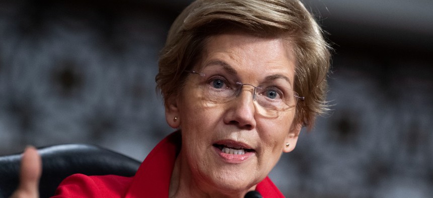 Sen. Elizabeth Warren, D-Mass., speaks during the Senate Armed Services Committee hearing on security in Afghanistan and in the regions of South and Central Asia, in Dirksen Building on Tuesday, October 26, 2021.