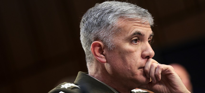 Gen. Paul Nakasone, head of NSA and CyberCommand, testifies before a Senate hearing March 10, 2022.