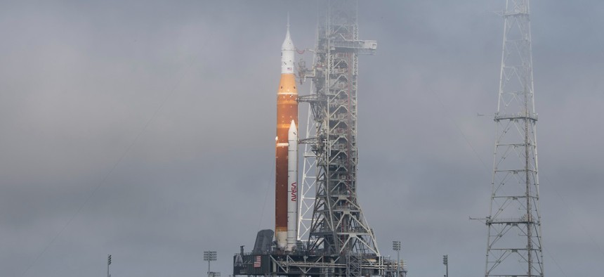 NASA's Space Launch System rocket with the Orion spacecraft aboard is seen atop a mobile launcher at Launch Complex 39B, Friday, March 18, 2022, after being rolled out to the launch pad for the first time at NASA's Kennedy Space Center in Florida. Ahead of NASA's Artemis I flight test, the fully stacked and integrated SLS rocket and Orion spacecraft will undergo a wet dress rehearsal at Launch Complex 39B to verify systems and practice countdown procedures for the first launch.