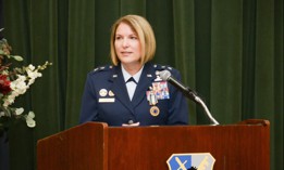 Then-U.S. Air Force Maj. Gen. Mary F. O’Brien, former Twenty-Fifth Air Force commander, delivers final remarks during the Twenty-Fifth Air Force change of command ceremony at Joint Base San Antonio-Lackland, Texas, Aug. 29, 2019.