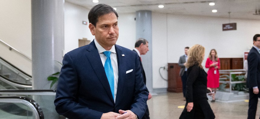 Sen. Marco Rubio (R-FL) heads to a closed-door briefing on the Russian invasion of Ukraine at the U.S. Capitol March 16, 2022 in Washington, DC. 