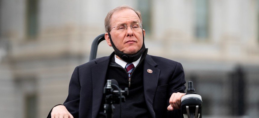  Rep. Jim Langevin, D-R.I., does a TV interview outside of the U.S. Capitol before the House vote on the $483.4 billion economic relief package on Thursday, April 23, 2020.