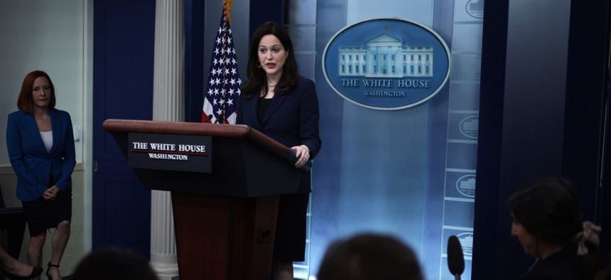 WASHINGTON, DC - MARCH 21: U.S. Deputy National Security Advisor for Cyber and Emerging Technology Anne Neuberger (R) speaks as White House Press Secretary Jen Psaki (L) looks on during a White House daily press briefing at the James S. Brady Press Briefing Room of the White House on March 21, 2022 in Washington, DC. White House Press Secretary Jen Psaki held a daily press briefing to answer questions from members of the press