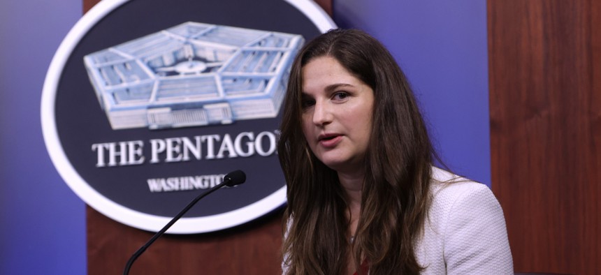 Jane Pinelis participates in a news conference at the briefing room of the Pentagon Sept. 10, 2020.