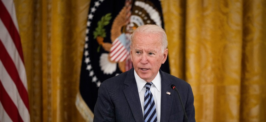 President Joe Biden speaks during a meeting about cybersecurity in the East Room of the White House on Aug. 25, 2021