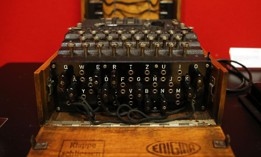 A working Enigma cipher machine that along with the 1942 56-page notebook belonging to codebreaker Alan Turing was auctioned Bonham's auction house on April 9, 2015 in New York City.
