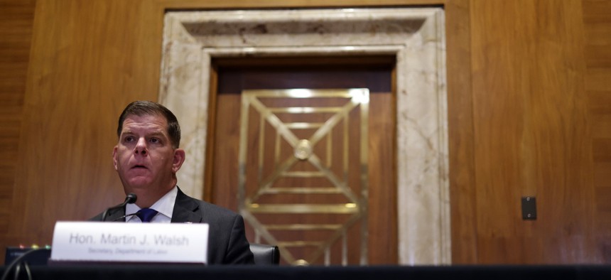 Secretary of Labor Marty Walsh gives testimony before a Senate committee in July 2021.