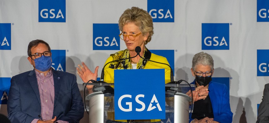 General Services Administration head Robin Carnahan speaks at an agency event at the Denver Federal Center in April 2022.