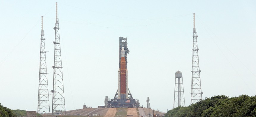 NASA's Artemis I Space Launch System rocket and Orion spacecraft on the launchpad at Kennedy Space Center in Florida on June 6, 2022.