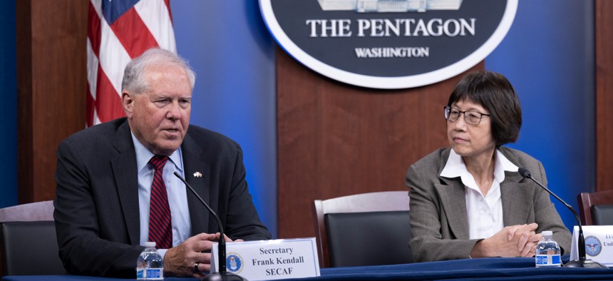 Secretary of the Air Force Frank Kendall and Undersecretary of Defense for Research and Engineering Heidi Shyu brief reporters on the new university-affiliated research center initiative with historically Black colleges and universities.