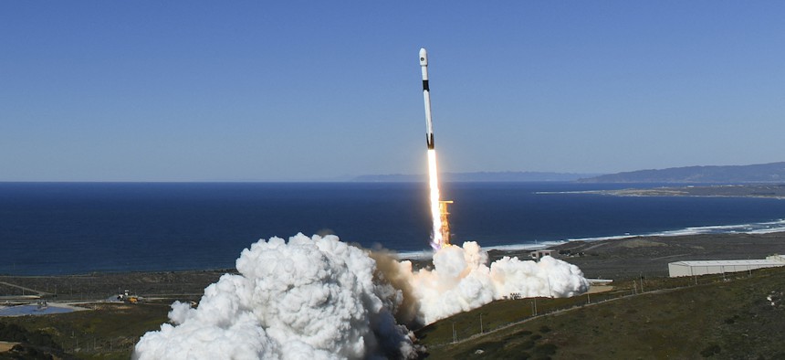 A SpaceX Falcon 9 rocket with the NROL-87 spy satellite payload for the National Reconnaissance Office launches from the SLC-4E launch pad at Vandenberg Space Force Base on February 2, 2022 in Lompoc, California. 