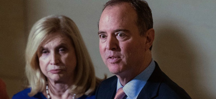 US House Intelligence Committee chairman Adam Schiff speaks to the press with US Democratic Representative from New York Carolyn Maloney.