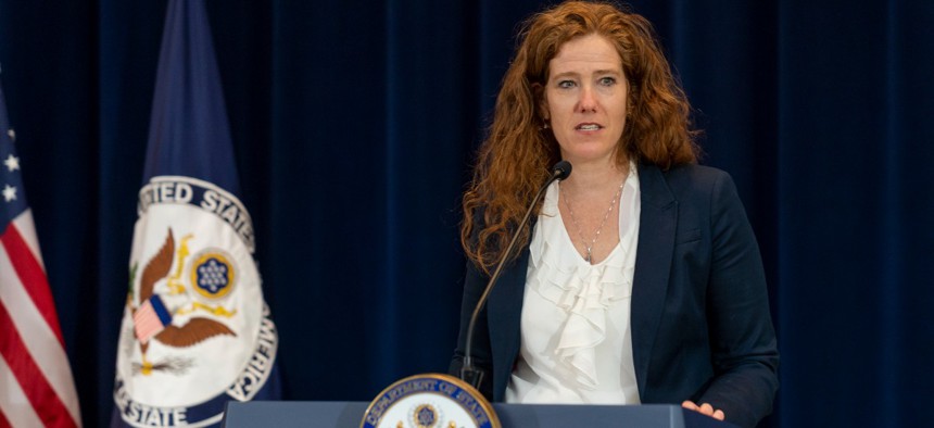 Jennifer Bachus, Senior Bureau Official and Principal Deputy Assistant Secretary for the Cyberspace and Digital Policy Bureau, delivers remarks at the inauguration of the new Cyberspace and Digital Policy Bureau at the U.S. Department of State.