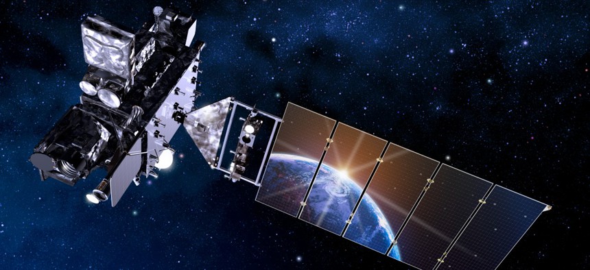 Artist's rendition of GOES R satellite with Earth reflecting off solar panel.