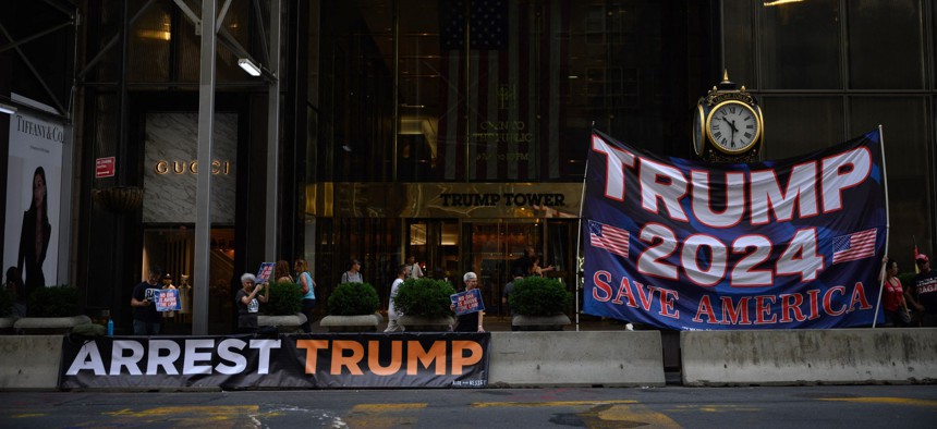 Dueling protestors outside  Trump Tower building in New York City on August 9, 2022, one day after the FBI raid on Mar-a-Lago.