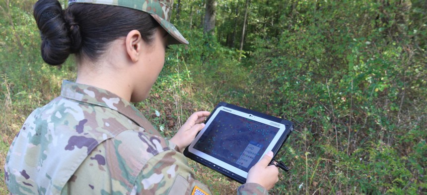 Sgt. Keila Peters tests the Tactical Computing Environment software at Aberdeen Proving Ground, Maryland, in October 2019.