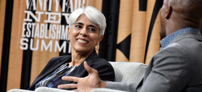 Former Director of DARPA, Arati Prabhakar, (L) and coanchor of CNBCs Squawk Alley, Jon Fortt, speak onstage during "What Are They Thinking? Man Meets Machine" at the Vanity Fair New Establishment Summit at Yerba Buena Center for the Arts on October 20, 2016 in San Francisco, California.